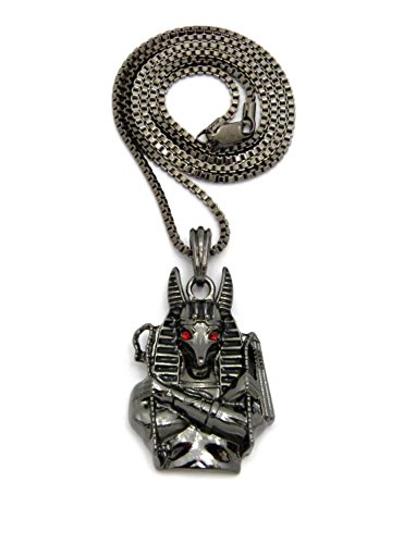 Egyptian God Red Eye Anubis Pendant 24" Various Chain Necklace in Hematite-Tone