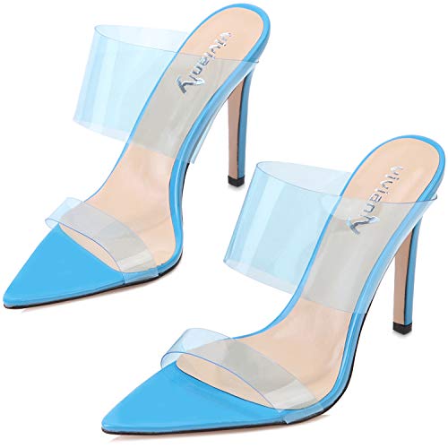 vivianly Womens Sexy Clear High Heels Transparent Strap Pointed Toe Mules Sandals Stiletto Heel Slip on Dress Shoes Blue - Thumbnail 7