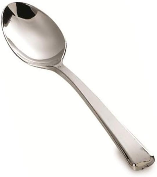 40 Plastic Silver Teaspoons, Heavyweight Disposable, Elegant Look, High Gloss Reusable & Recyclable, 15.5cm - 6.25"