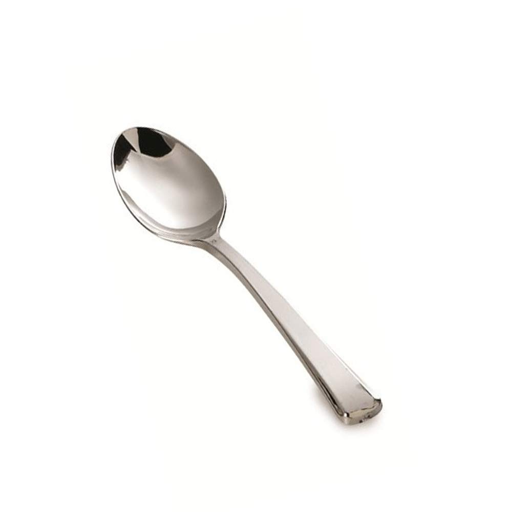 40 Plastic Silver Teaspoons, Heavyweight Disposable, Elegant Look, High Gloss Reusable & Recyclable, 15.5cm - 6.25"