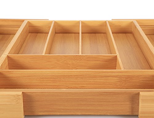 Bamboo Expandable Cutlery Drawer Organizer - Kitchen Utensil 8 Compartment Storage Wooden Flatware Holder, Cutlery Tray Adjustable Kitchen Drawer