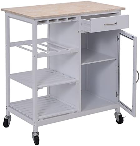 Rolling Wooden Kitchen Island Storage Utility Cart Dining Portable Trolley Stand With Storage Drawer Three Shelves Closed Cabinet Faux Marble Top Large Storage Space
