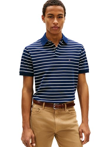 Tommy Hilfiger Men's 1985 Classic Short Sleeve Polo, Carbon Navy/Ivory Petal X-Small at Amazon
