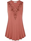 Sleeveless Tunics for Leggings,Vivilli Women's Casual Floral Print V Neck Long Flowy Tank Top(Large,Brick Red)