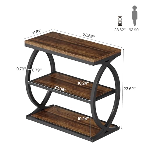 Tribesigns End Table, Narrow 3-Tier End Table for Living Room, Industrial Wooden Side Table with Metal Frame, Small Bedside Nightstand for Bedroom, Small Spaces, Rustic Brown