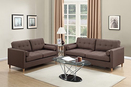 Modern Gorgeous Elegant Bobkona 2pcs Sofa Set Living Room Chocolate Sofa Loveseat Polyfiber Pillows