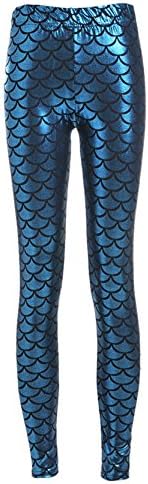 Ladies Girls Classic Fish Scales Leggings Slim Shiny Stretchy Pants Light Blue XXL