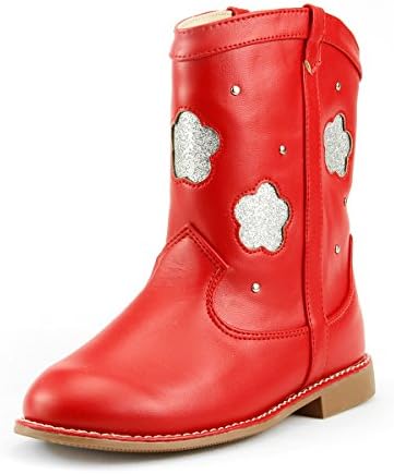 Girl's Cowgirls Style Short Boots Glitter Flower Cut Out Black, White or Red Toddler - Youth Size (8, red)