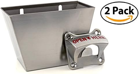 TWO PACK - Extra Heavy Duty and Stronger with 4 Mounting Holes, Soula Designs Wall Mount Beer and Soda Bottle Opener Set with Stainless Steel Removable Cap Catcher Bin, Free Hardware Included,