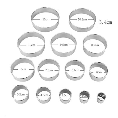Transser- Cookie Biscuit Cutter Set 14 Circle Pastry Cutters for Donuts and Scones Stainless Steel Metal Ring Baking Molds (Silver)