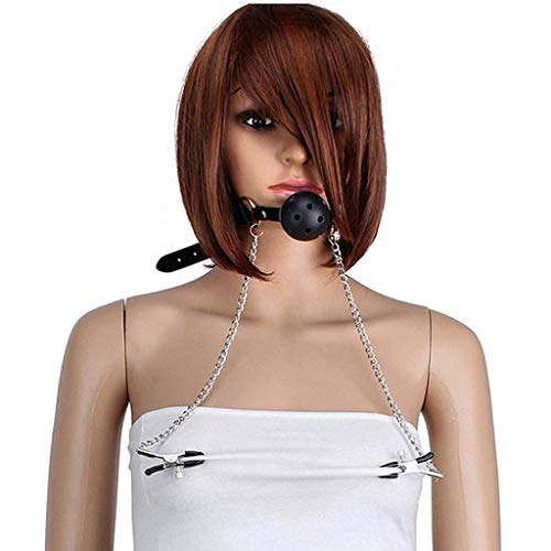 WRZHL-Giocattoli-a-Clip-Ni-pple-con-Catena-di-Metallo-Girocollo-in-Pelle-Bocca-Plug-Coppia-Bo-nda-ge-Game-Tshirt