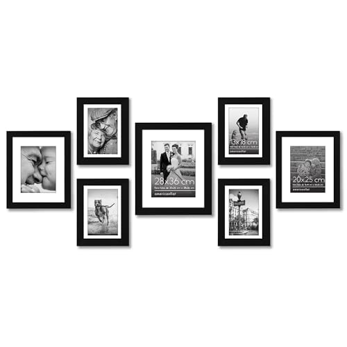 Americanflat Set of 7 Picture Frames with Shatter-Resistant Glass - Gallery Wall Frame Set with One 11x14, Two 10x8, and Four 7x5 Photo Frames for Wall and Tabletop - Black