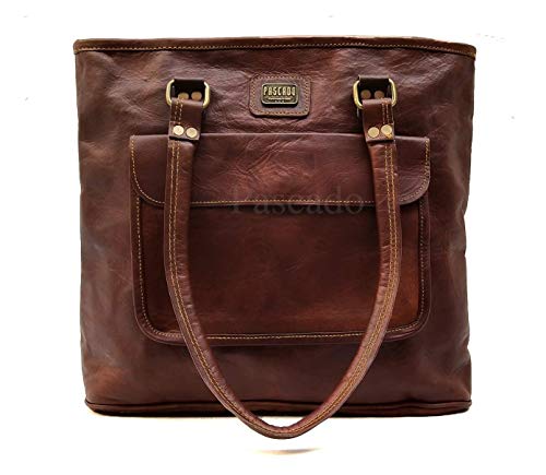 PASCADO leather tote bag purse satchel shoulder bag with zipper handbags for women brown handmade