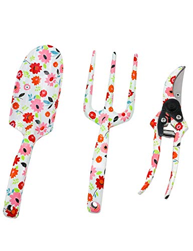 GS Tools 3 Piece Aluminum Garden Tool Set with Floral Print, Gardening Tool Kit – Hand Trowel, Fork, Pruning Shear Best Gift for Women and Children