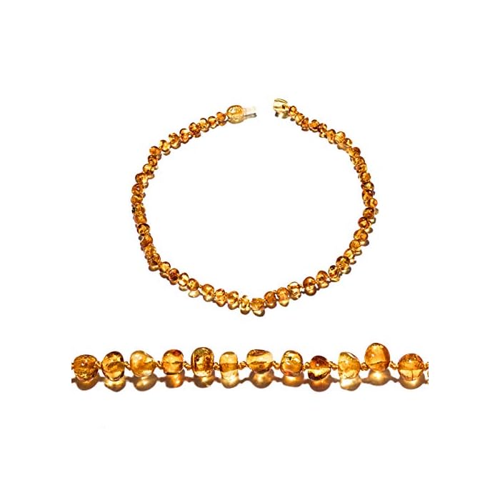 Amber Teething Necklaces (12,5 Inches) with safe Pop style clasp. Handcrafted of oval polished real amber beads. Carefully selected amber stones for those who we love most...