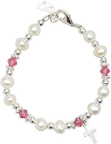 Christening Austrian Clear or Pink Crystals with Cultured Fresh Water Pearls and Sterling Silver Cross Charm Luxury Child Unisex Bracelet, Baptism,Communion (BFWC)