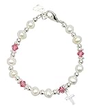 Christening White Cultured Fresh Water Pearls and Pink Swarovski Crystals with Sterling Silver Cross Luxury Keepsake Infant Girl Bracelet (BFWCP_M)