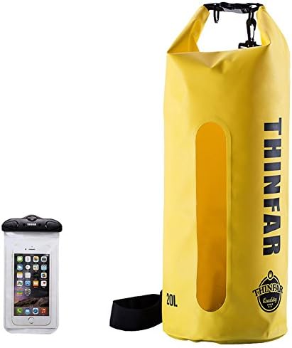 Ultralight Waterproof Dry Sack with Window-Durable Roll-top Closure Dry Bags along with Waterproof Touch Screen Friendly Phone Case for Rafting, Boating, Hiking, Camping,Swimming Yellow 20L