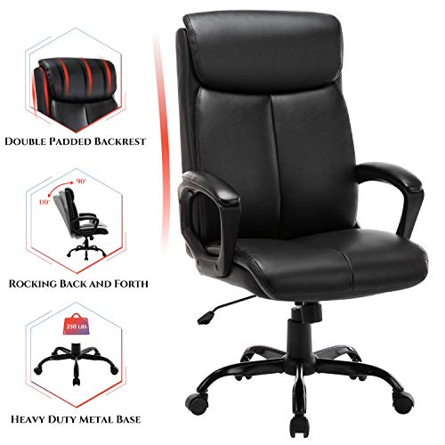 Qwork High Back Office Chair - Executive Bonded Leather Computer Desk Swivel Task Chair W/Rocking Function (Black) - Image 2