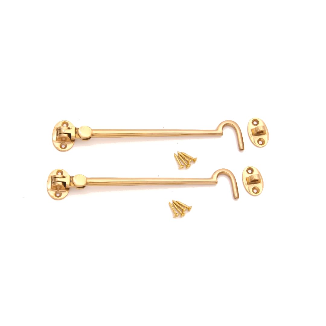 Pack of 2, 8" (200mm) Heavy Duty Brass Cabin Hook & Eye Silent Catch/Latch/Holder/Back Gate/Shed/Patio Door in Various Finishes (Polished Brass)