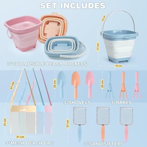 Dreamon Beach Sand Toys 3 Set Collapsible Bucket and Spade Beach Set Kids with Sand Sifters Beach Shovel Rakes Seashell Bag Outdoor Toys for Children Toddlers 3 4 5 Years Old