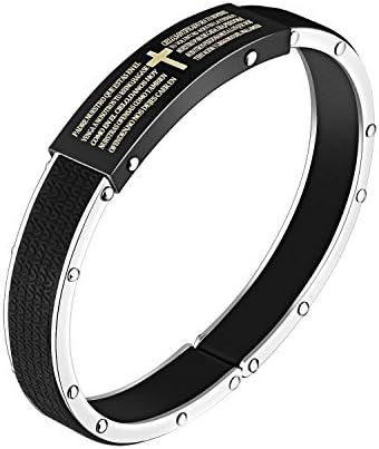 Mens Black Stainless Steel Silicone Lord's Prayer Cross Bracelet Cuff Bangle Wristband 7.08 Inch (Cross)