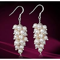 FidgetFidget Genuine White Cultured Freshwater Pearl Cluster Dangle Sterling Earrings