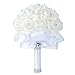 Febou Wedding Bouquet, Handmade White Bridesmaid Bouquet Bridal Bouquet with Crystals Soft Ribbons, Artificial Rose Flowers for Wedding, Party and Church (White-Bigger Size)