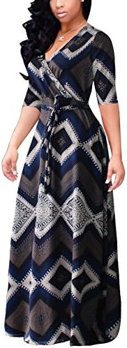 Eleganlife Women Sexy Printed V Neck Long Sleeve Drawstring Cocktail Party Long Maxi Dress Print20 3XL