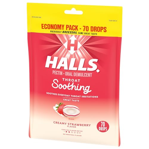 HALLS THROAT SOOTHING CREAMY STRAWBERRY THROAT DROPS, 70 DROPS