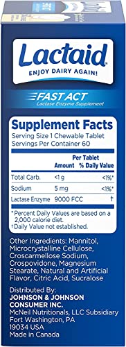 LACTAID FAST ACT LACTOSE INTOLERANCE RELIEF CHEWABLES WITH NATURAL LACTASE ENZYME TO PREVENT GAS, BLOATING & DIARRHEA DUE TO LACTOSE SENSITIVITY, ON-THE-GO, VANILLA TWIST FLAVOR, 60 X 1 CT