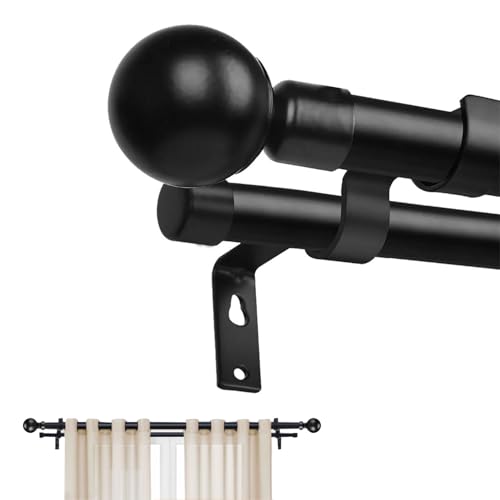 Barra de Cortina Doble Telescópica de Metal,Cortinero Doble (36 a 120”),Tubo Cortina Doble Negro,cortineros dobles para cortinas,Ventana con Soporte,para casa, Armario
