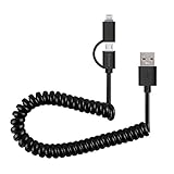 2-in-1 Lightning and Micro USB Spring Coiled Cable for iPhone and Android, Seekpow 8-Pin Lightning & Micro to USB Date Wire for iPhone 5 6 7 Plus SE, iPad Mini Air iPod, Samsung and More -Black