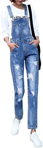 Women's Classic Bib Overalls Denim Blue Strap Ripped Hole Denim Jeans(02 Blue,M)