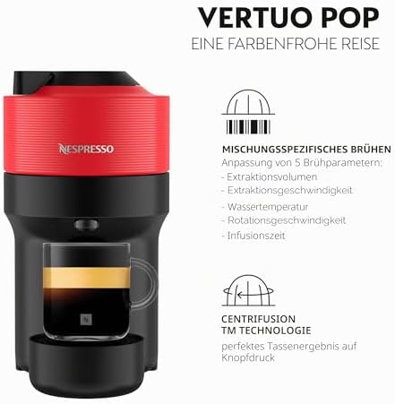 Krups Vertuo Pop Kaffeekapselmaschine, Kapazität: 560 ml, automatische Kapselerkennung, One-Touch-System, 4 Tassengrößen, verkürzte Aufheizzeit, nachhaltig, Spicy Red, XN9205