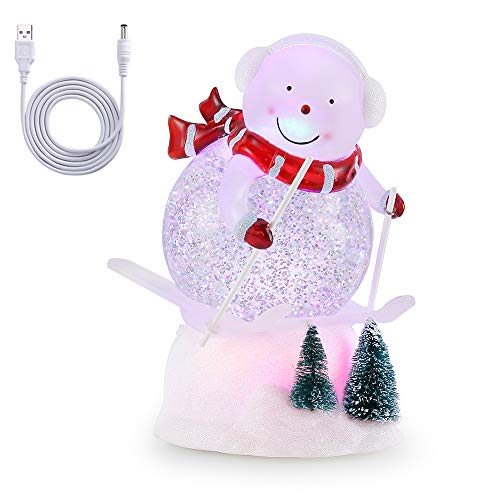 pearlstar Lighted Snow Globe Figurine - 7.3'' Cute Skiing Snowman, Water Snow Globe with Swirling Glitter and Battery & USB Powered, Great Home Decoration and Gift (Snowman)