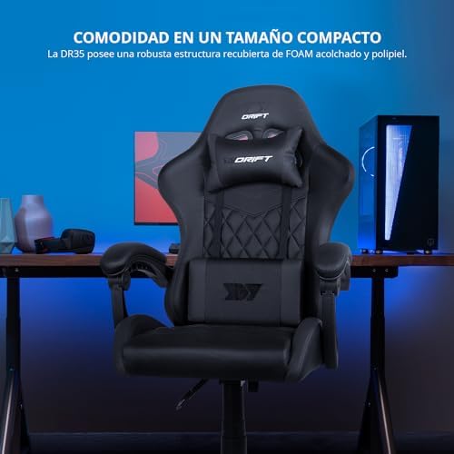 Drift gaming dr35 - cadeira profissional, couro sintético, apoios de braços acolchoados, pistão classe 3, base de nylon reforçada, assento giratório, altura ajustável, almofada lombar/cervical, cor preta