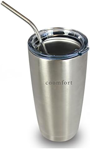 Coomfort 20 oz. Insulated Travel Tumbler โ 18/8 Food Grade Stainless Steel Mug with Straw, Quick Sealing BPA-Free Plastic Lid, Double Wall Insulation for Hot and Cold Beverages