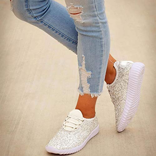 Women Glitter Sneakers, Fashion Jogger Sport Shoes Lightweight Sequin Quilted Lace Up Shoe Elastic Tongue (7.5 M US, Beige)