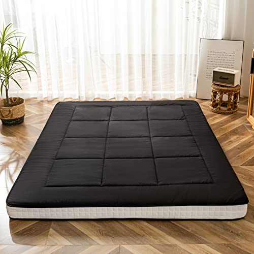 MAXYOYO Japanese Futon Mattress Floor Padded Quilted Mattress Topper, Extra Thick Sleeping Pad Foldable Breathable Floor Lounger Guest Bed for Camping Sofa (Black, King)