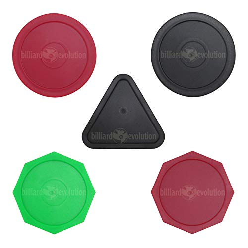 Billiard Evolution 5 Air Hockey Pucks: 2 Round: Red & Black, 2 Octagons: Red & Green, 1 Black Triangle