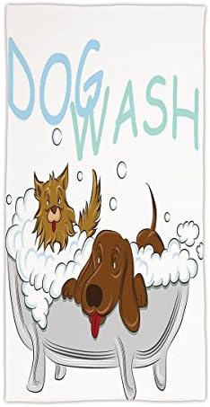 31.49"W x 62.99"L Cotton Microfiber Bath/Hand Towel,Nursery,Playful Dogs in a Bathtub Grooming Each Other Cute Pets Theme Illustration,White Brown Blue,Ultra Soft,For Hotel Spa Beach Pool Bath