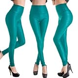 Blooms - Women Polyurethane Leather High Waist Ankle Length Footless Pantyhose Legging Tight Pant Small Medium Large (Medium, Aqua Blue Snake Veins)