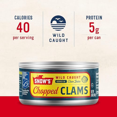 SNOW’S WILD CAUGHT CHOPPED CLAMS CANNED, 6.5 OZ CAN – 5G PROTEIN PER SERVING – GLUTEN FREE, KETO FRIENDLY, 99% FAT FREE
