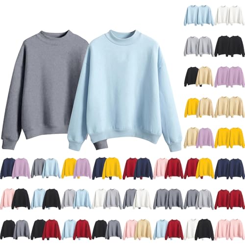 Sweatshirts for Women UK Long Sleeve Fleece Lined Pullover Solid Color Mock Neck Sweatshirt without hood Loose Fit Casual Jumper 2 Pack