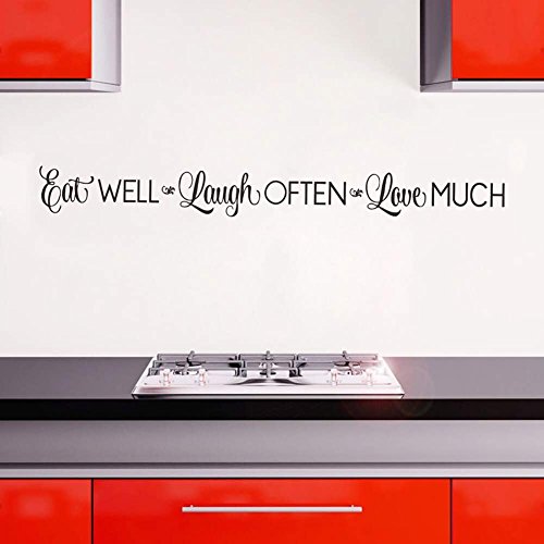 Eat Well, Laugh Often, Love Much Wall Stickers Decals Kitchen Home Decor Dining & Cooking Quote Decal Heart Removable Vinyl Art Decoration (42â€™â€™ X 4.3â€™â€™, Black)