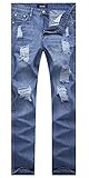 Men's Vintage Blue Straight Fit Jeans Destroyed Distressed Denim Pants with Knee Rips 36