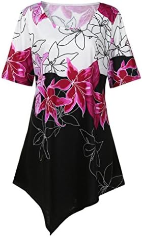 Qisc Women's Plus Size Off Shoulder Crewneck Short Sleeves Floral Pringed Asymmetrical Hem Top Tee Shirt Blouses S-5XL (S, Hot Pink)