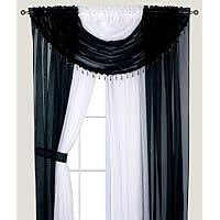 Mk Home 4 Panel Sheer Rod Pocket Solid Curtains with Attached Valances and Fabric Tiebacks for Any Room - Living Room, Dinning Room or Bedroom New (Black/White)