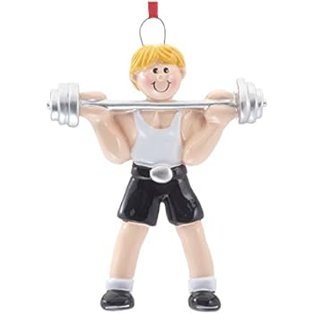 Personalized Weight-Lifter Christmas Tree Ornament 2019 - Blonde Boy Workout Barbell Loaded Plates Dumbbell Gym Addict Body Building Hobby Cross-fit Trainer Year - Free Customization (Yellow)
